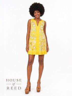 J.Crew Yellow Retro Print Sleeveless Shift Dress Medium 100% Cotton Mod Boho
